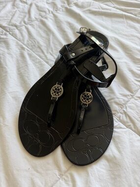 Coach Black Jelly T-Strap Sandals with Signature Medallions